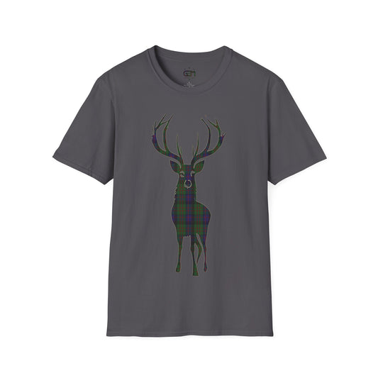 Tartan Stag Softstyle T-Shirt - MacDonald Tartan, Tee unisexe, Paysage écossais, Différentes couleurs
