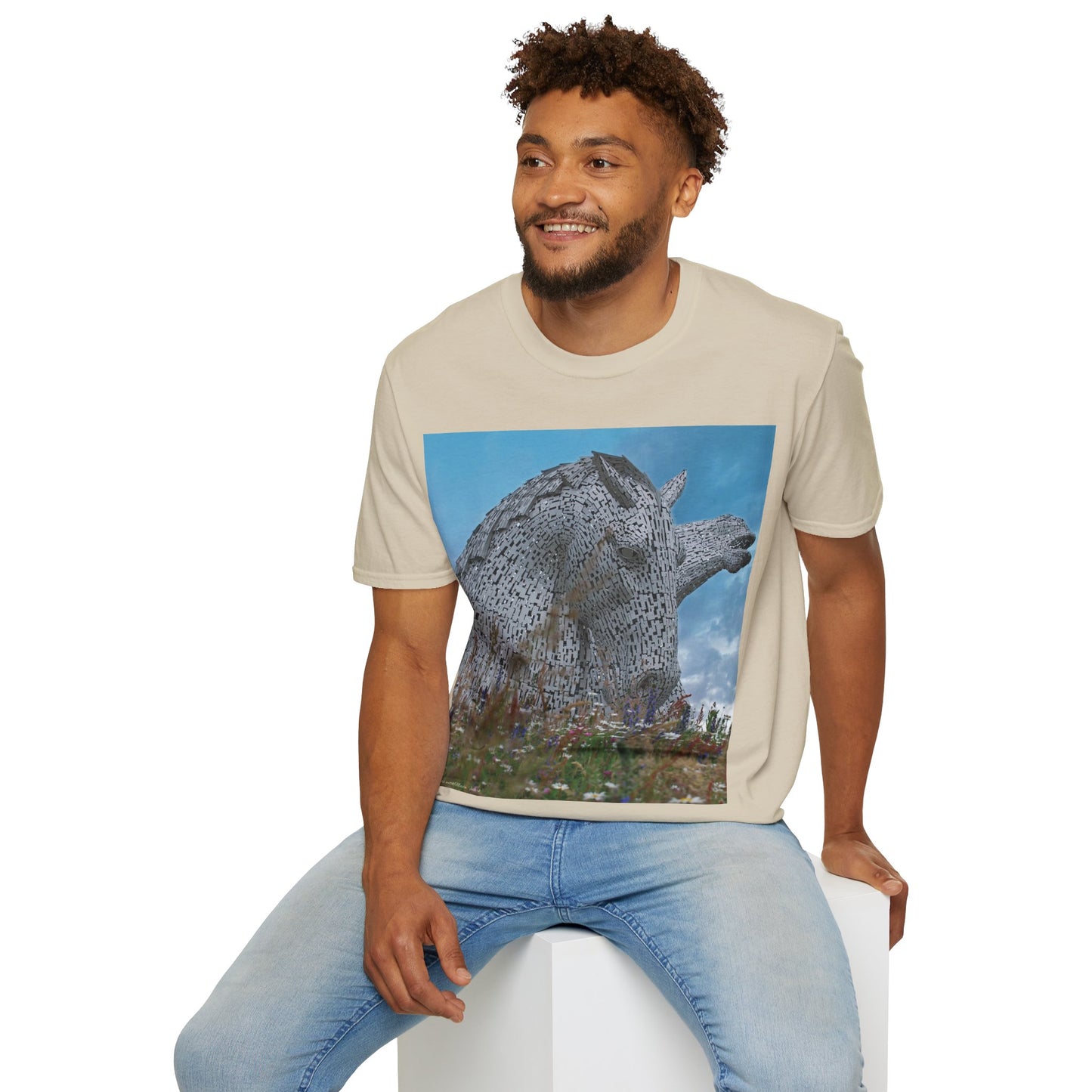 تي شيرت Kelpies with Meadow Photo Softstyle، تي شيرت للجنسين، معالم اسكتلندية، ألوان مختلفة