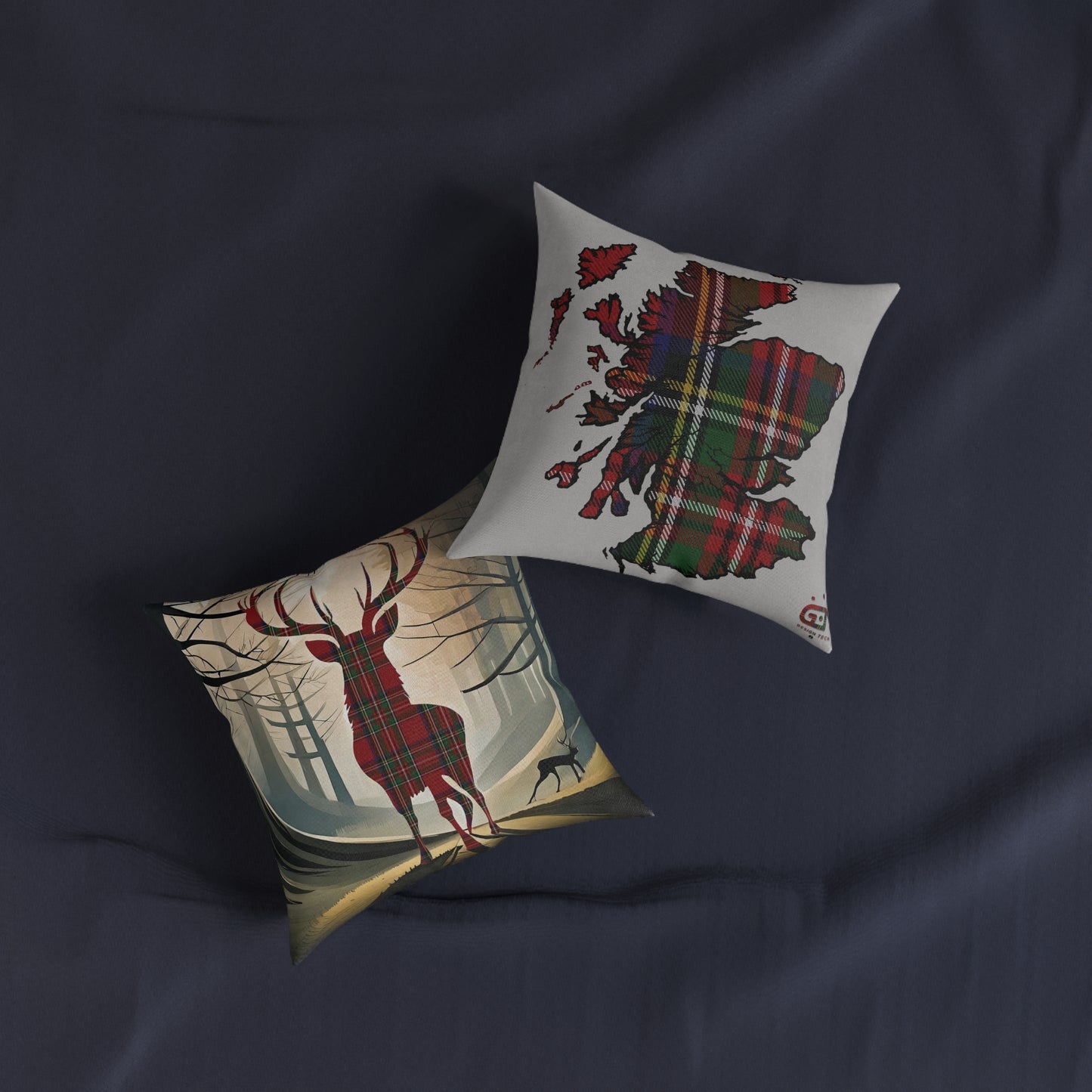 Coussin Carré Réversible : Carte Cerf / Ecosse - Stewart Royal Tartan, Différentes Tailles