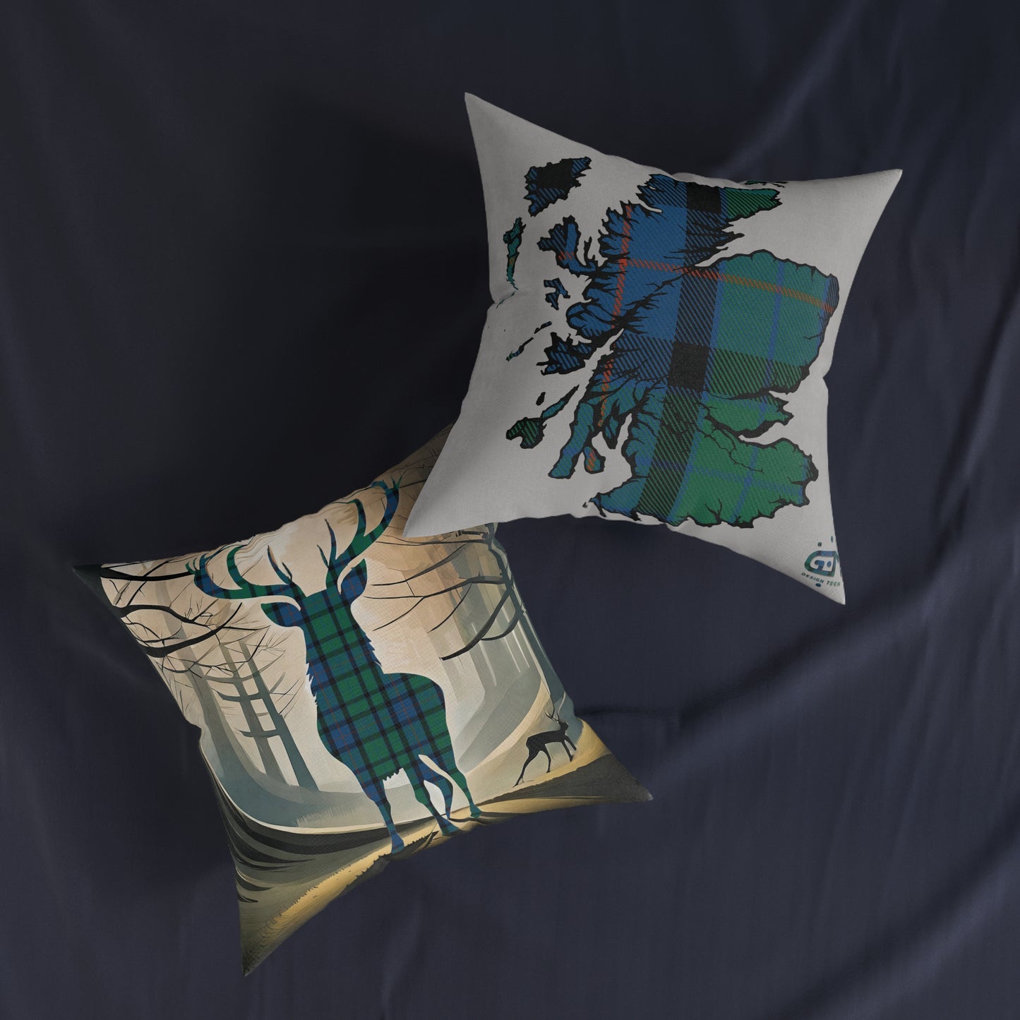 Reversible Square Cushion : Stag / Scotland Map - Flower of Scotland Tartan, Various Sizes