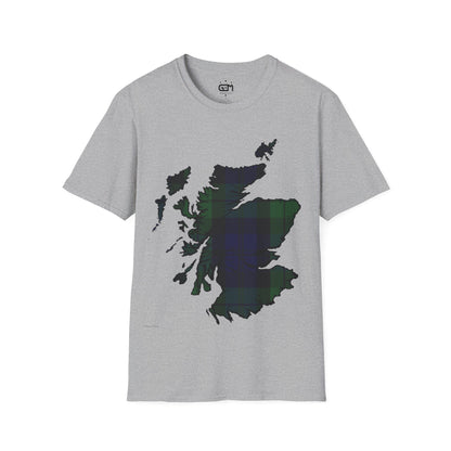 Scotland Tartan Map Softstyle Unisex T-Shirt, Black Watch Tartan, Various Colours