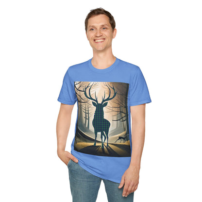 Stag Tartan Silhouette Softstyle T-Shirt - Douglas Tartan, Unisex Tee, Scottish Scenery, Various Colours