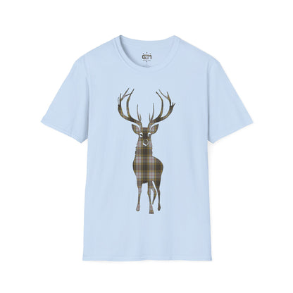 Tartan Stag Softstyle T-Shirt - Buchanan Tartan, Unisex Tee, Scottish Scenery, Various Colours