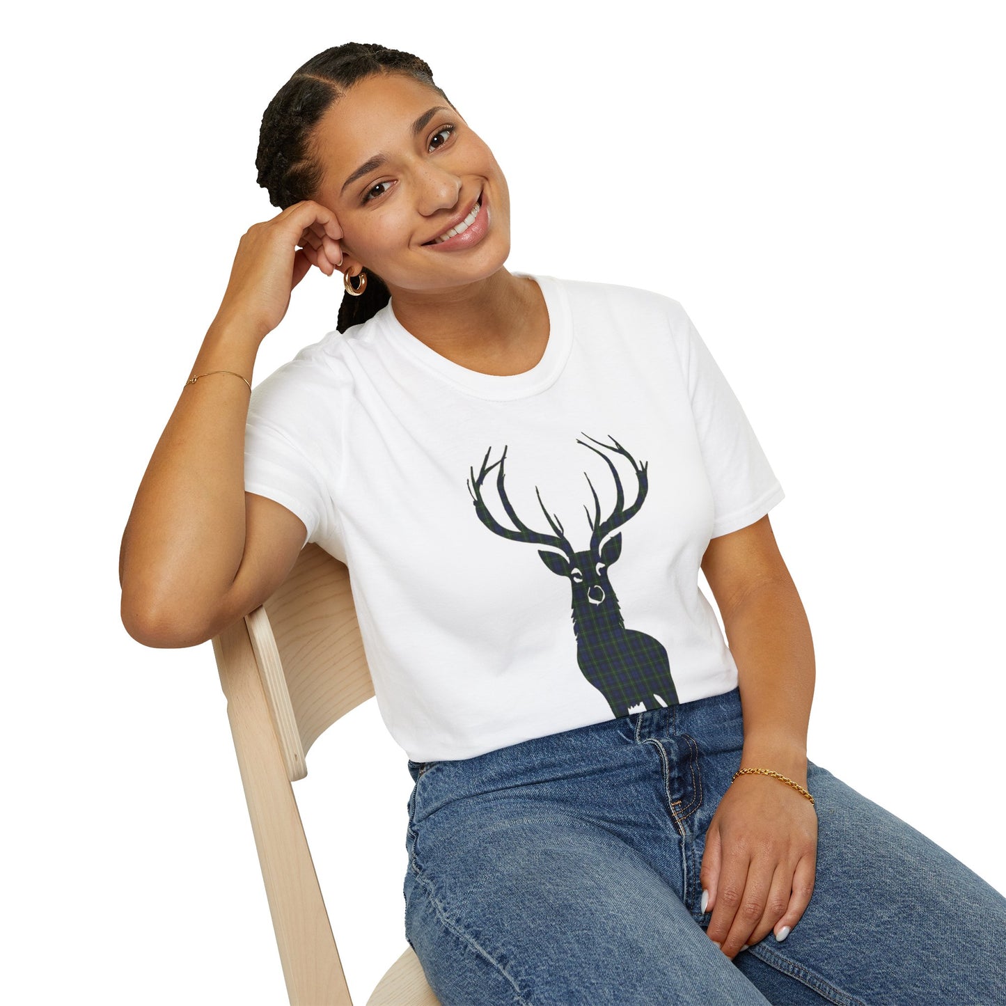 Tartan Stag Softstyle T-Shirt - Gordon Tartan, Unisex Tee, Scottish Scenery, Various Colours