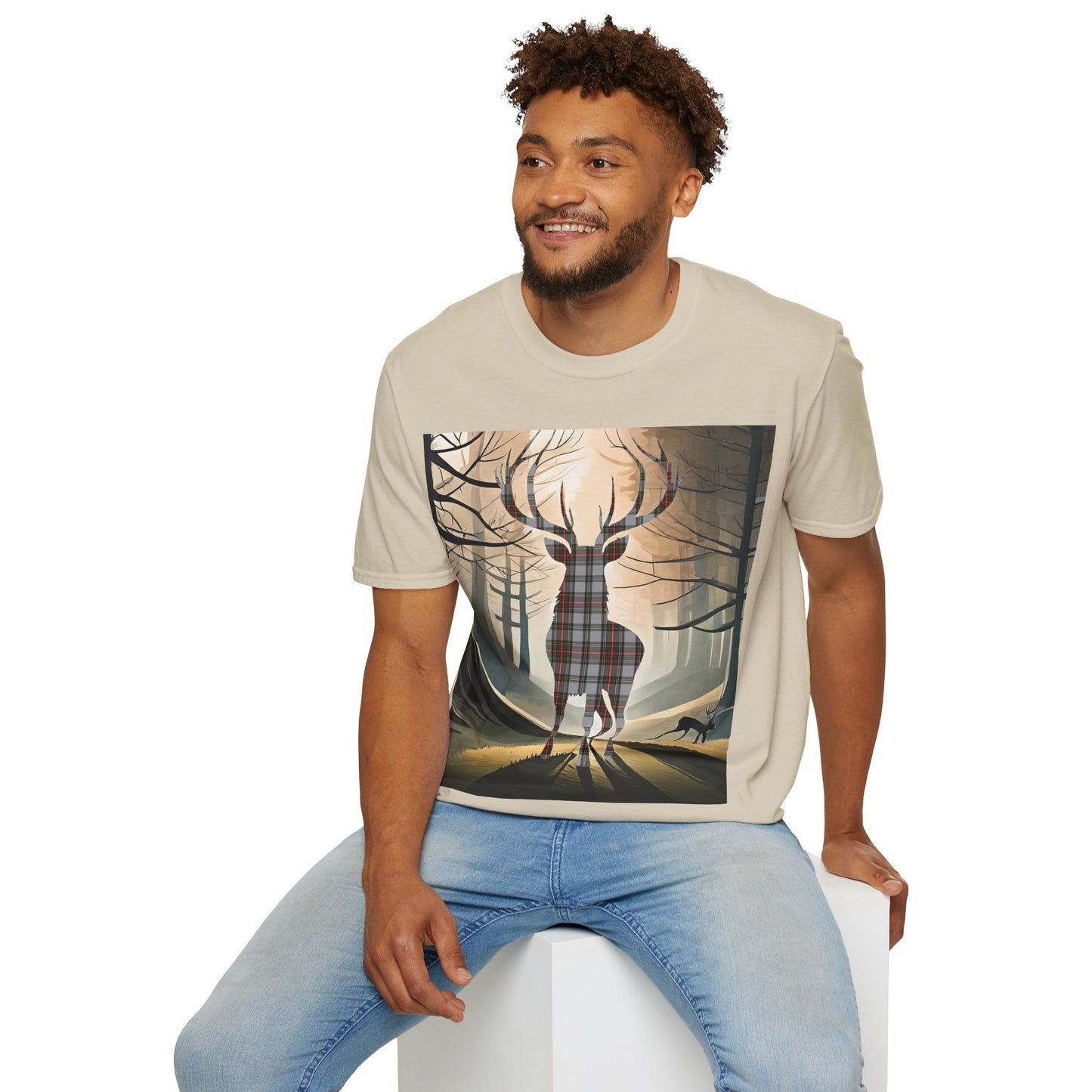 Stag Tartan Silhouette Softstyle T-Shirt - Stewart Dress Tartan, Unisex Tee, Scottish Scenery, Various Colours