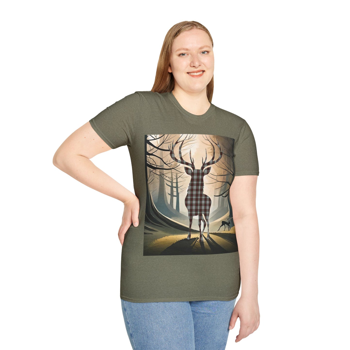 Stag Tartan Silhouette Softstyle T-Shirt - Fraser Tartan, Unisex Tee, Scottish Scenery, Various Colours