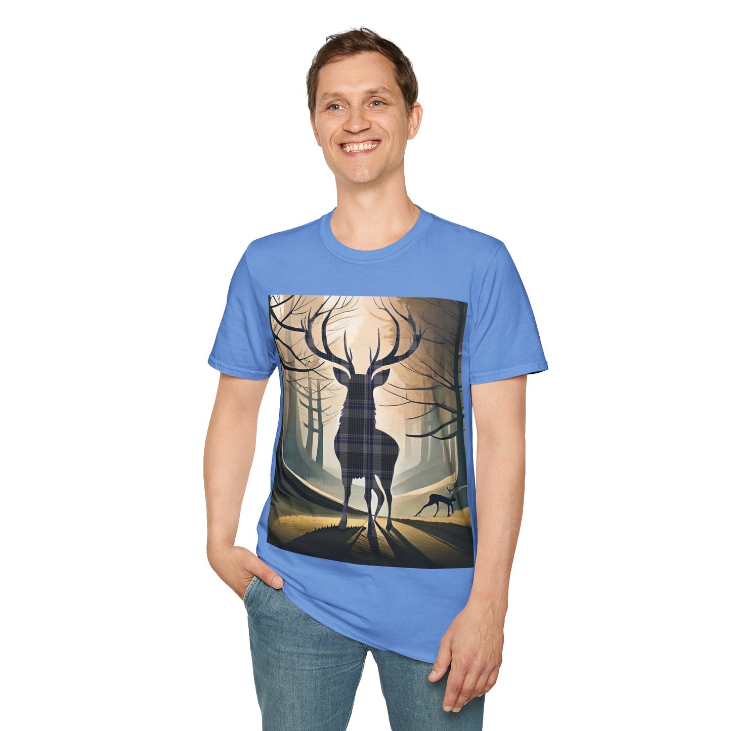 Stag Tartan Silhouette Softstyle T-Shirt - Hood Tartan, Unisex Tee, Scottish Scenery, Various Colours