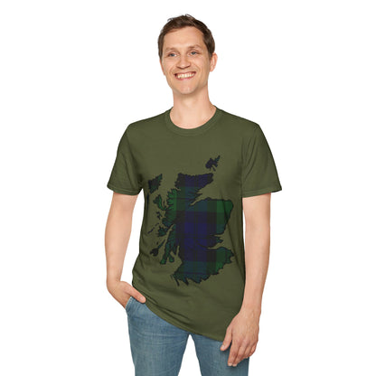 Scotland Tartan Map Softstyle Unisex T-Shirt, Black Watch Tartan, Various Colours