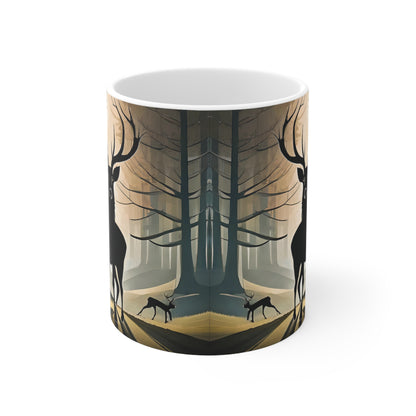 Stag Silhouette Woodland Scene Mug, Coffee Cup, Tea Cup, Scotland, White