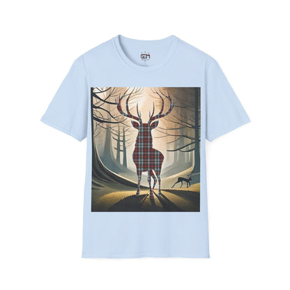 Stag Tartan Silhouette Softstyle T-Shirt - Stewart Tartan, Unisex Tee, Scottish Scenery, Various Colours