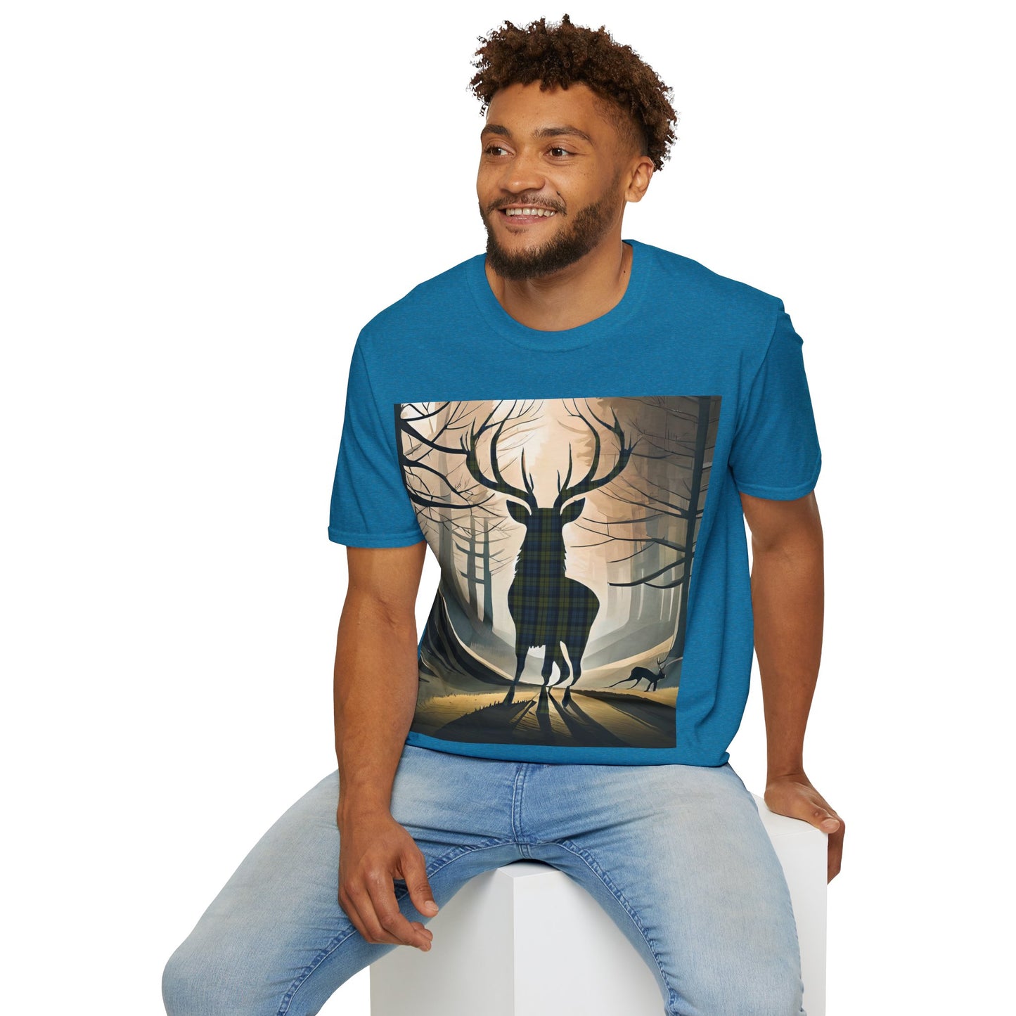 Stag Tartan Silhouette Softstyle T-Shirt - Campbell Tartan, Unisex Tee, Scottish Scenery, Various Colours