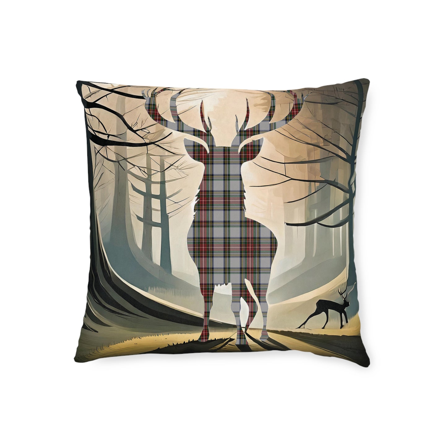 Reversible Square Cushion : Stag / Scotland Map - Stewart Dress Tartan, Various Sizes