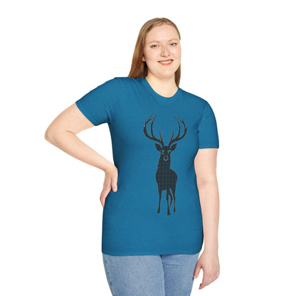 Tartan Stag Softstyle T-Shirt - Gordon Tartan, Unisex Tee, Scottish Scenery, Various Colours