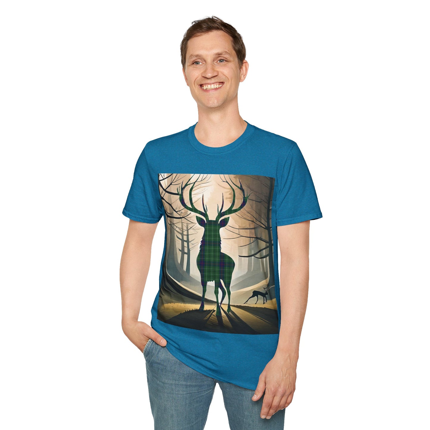 Stag Tartan Silhouette Softstyle T-Shirt - Duncan Tartan, Unisex Tee, Scottish Scenery, Various Colours