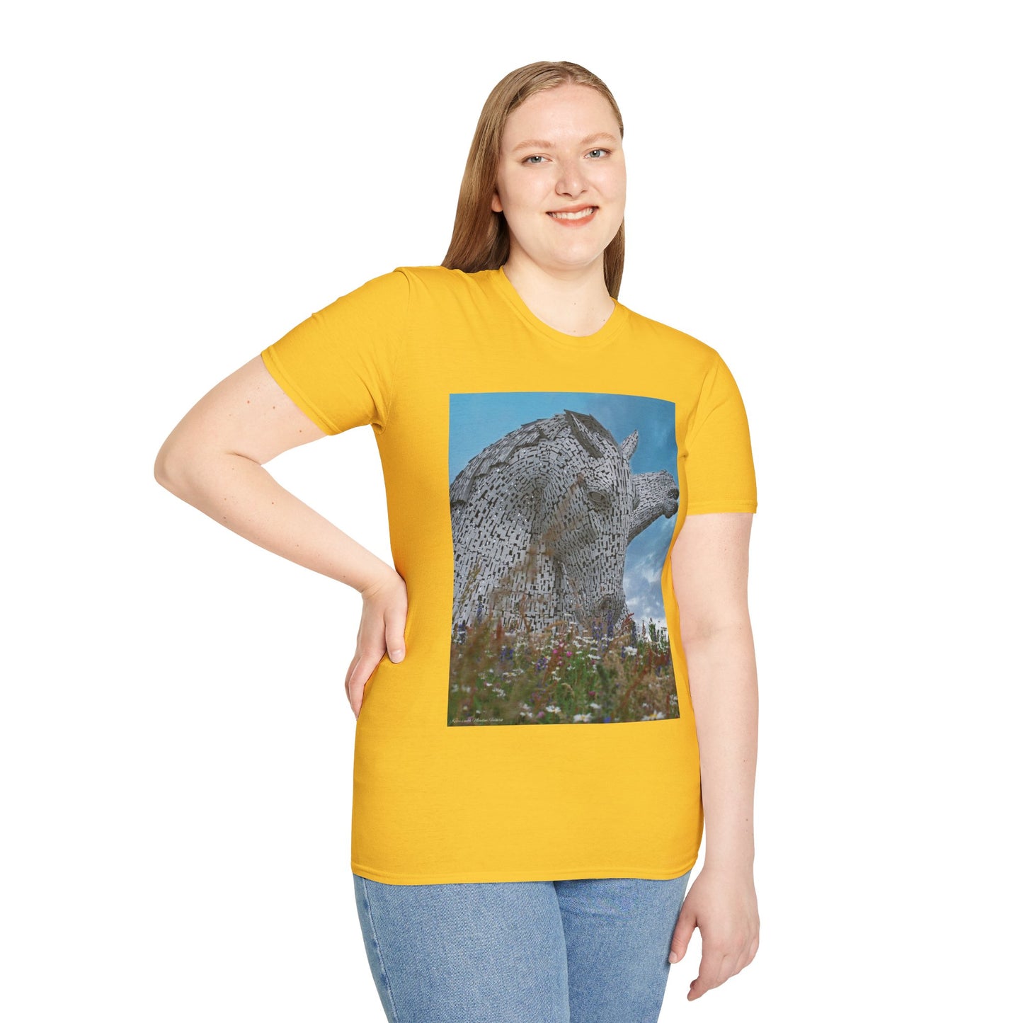 Kelpies with Meadow Photo Softstyle Unisex T-Shirt, Scottish Tee