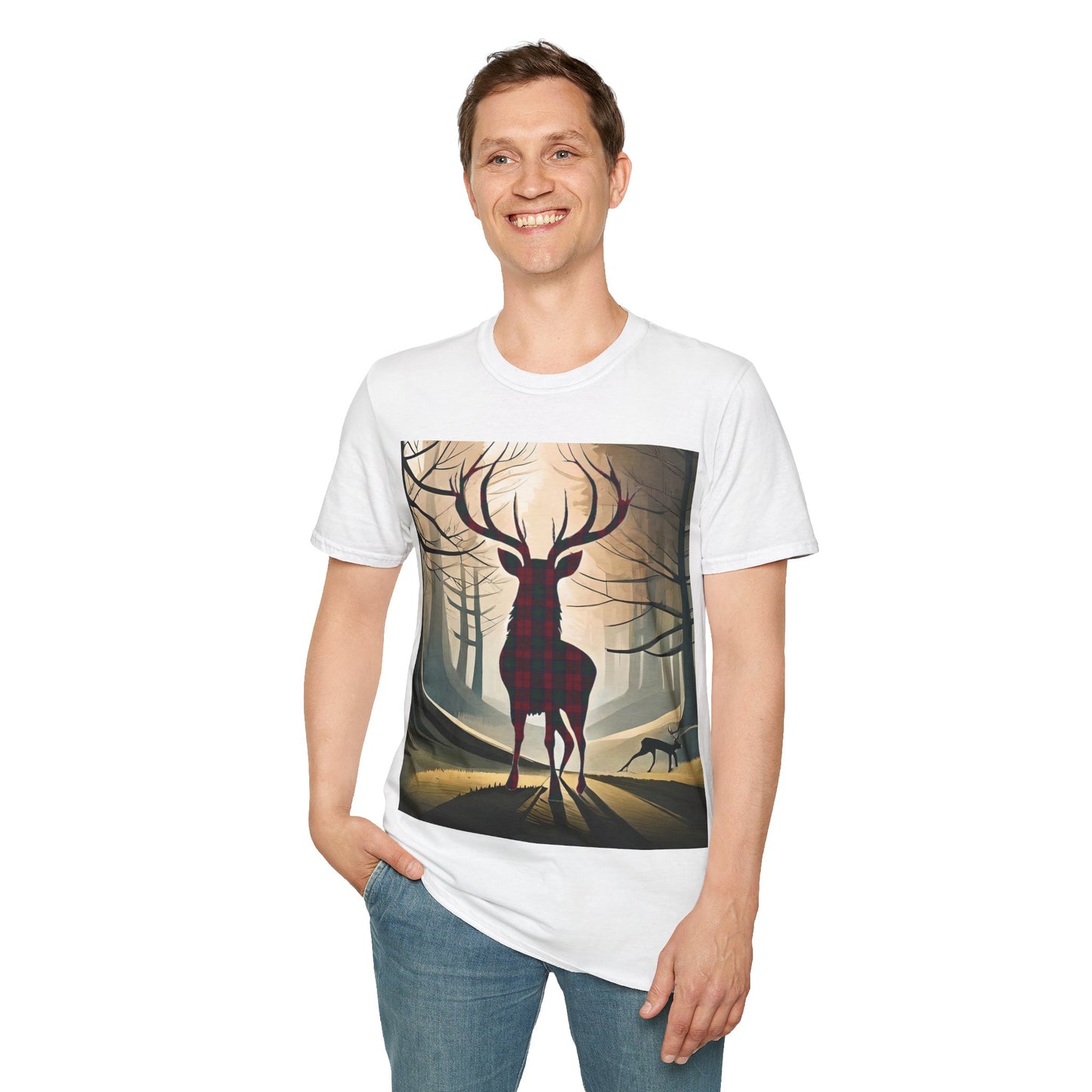 Stag Tartan Silhouette Softstyle T-Shirt - Lindsay Tartan, Unisex Tee, Scottish Scenery, Various Colours