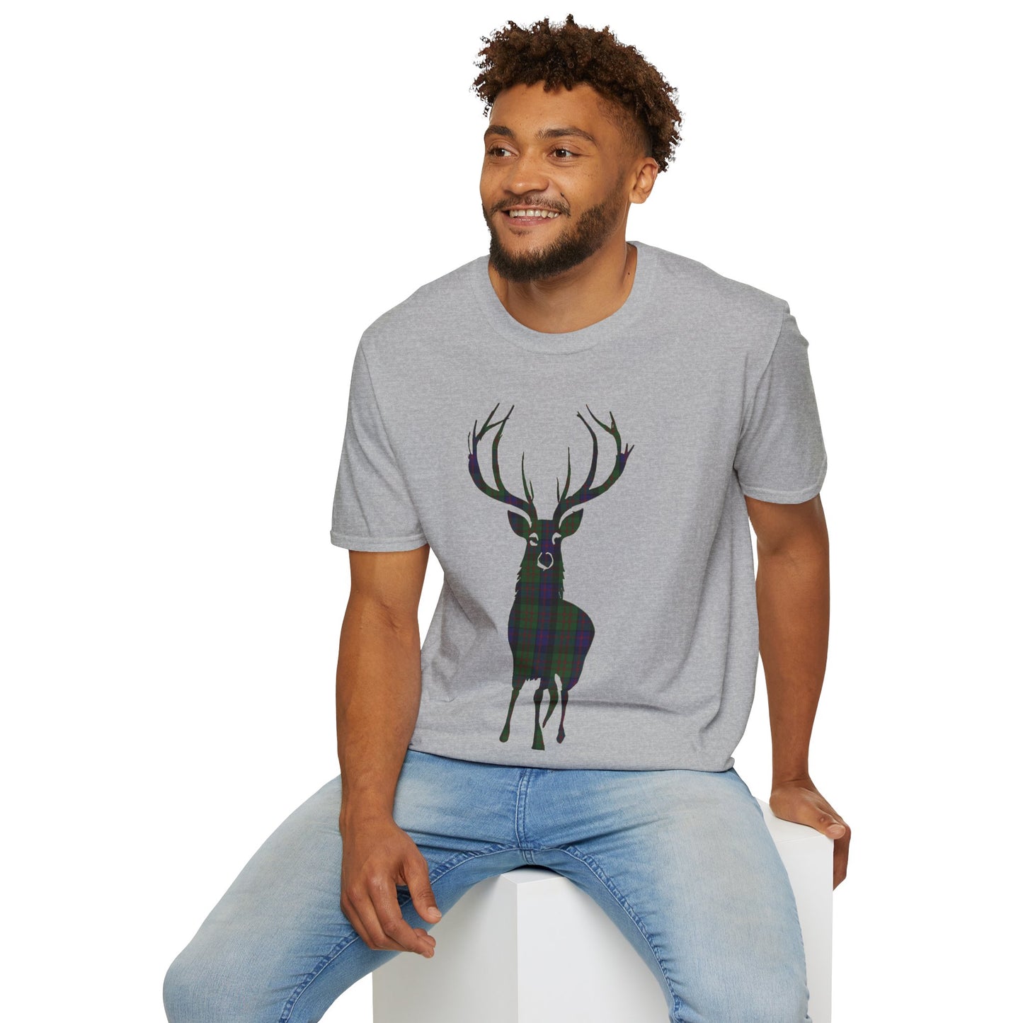 Tartan Stag Softstyle T-Shirt - MacDonald Tartan, Unisex Tee, Scottish Scenery, Various Colours