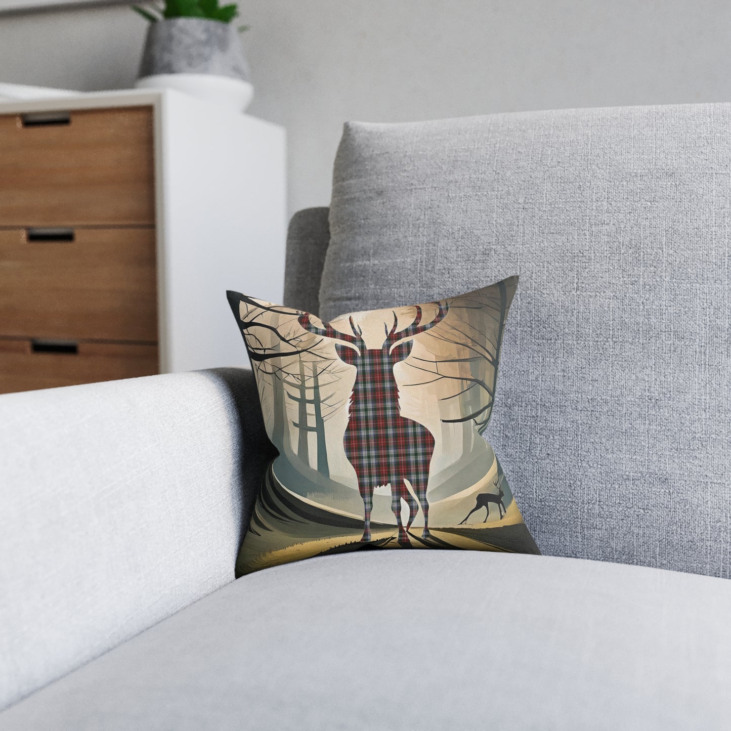 Reversible Square Cushion : Stag / Scotland Map - Stewart Tartan, Various Sizes