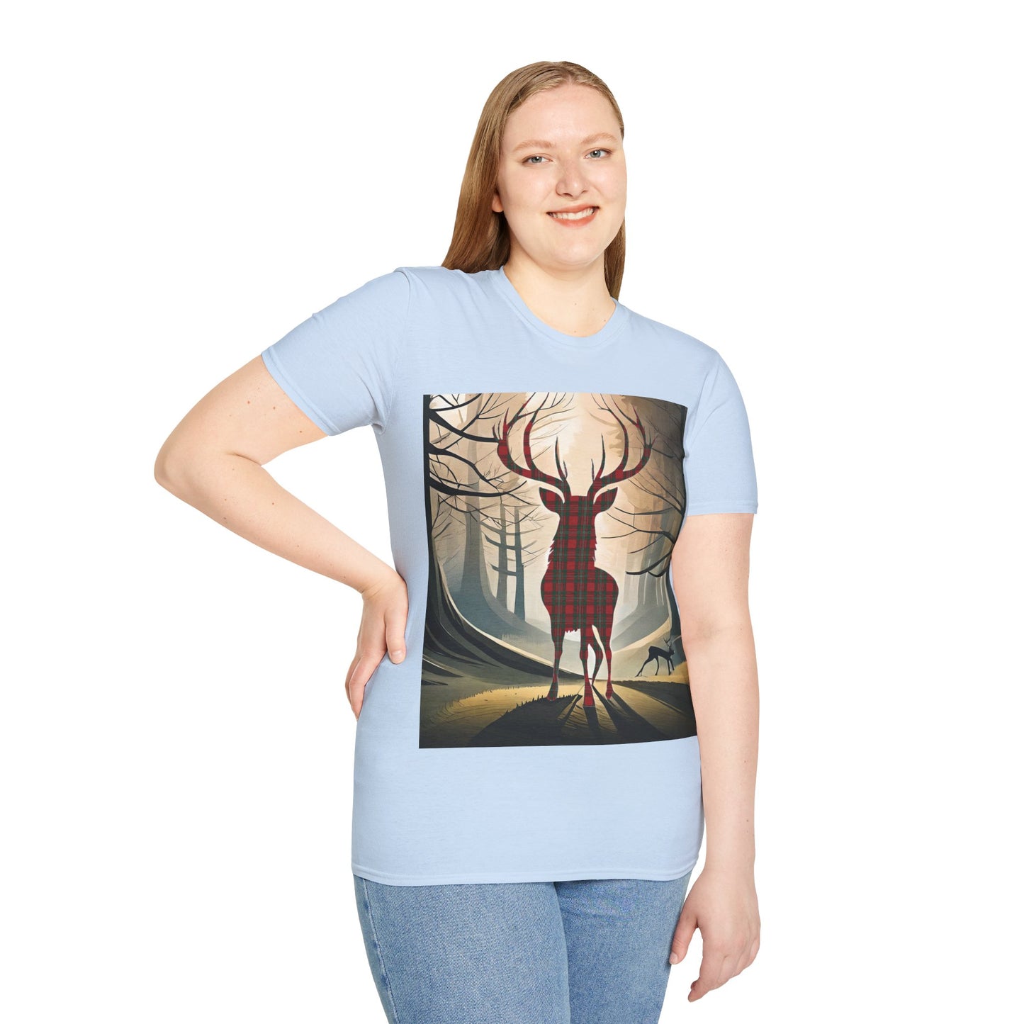 Stag Tartan Silhouette Softstyle T-Shirt - MacGregor Tartan, Unisex Tee, Scottish Scenery, Various Colours