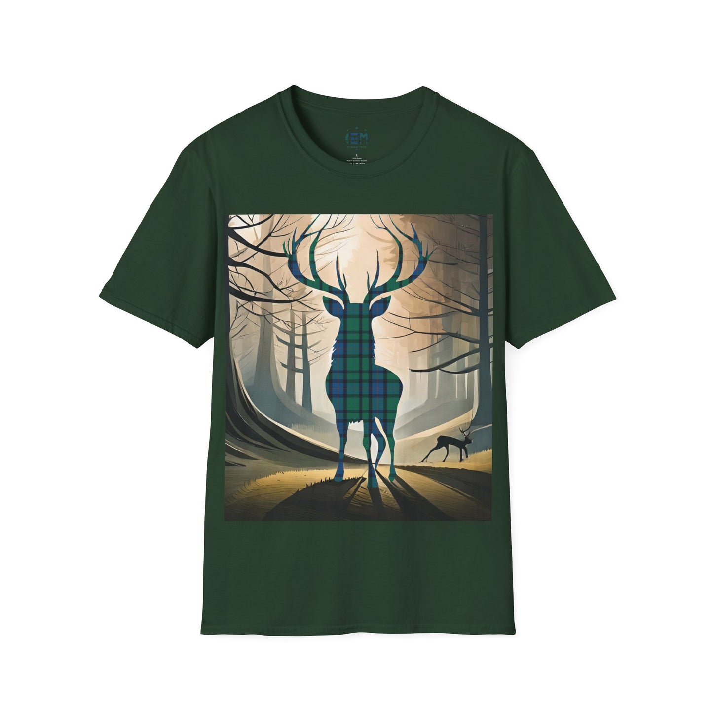 Stag Tartan Silhouette Softstyle T-Shirt - Flower of Scotland Tartan, Unisex Tee, Scottish Scenery, Various Colours