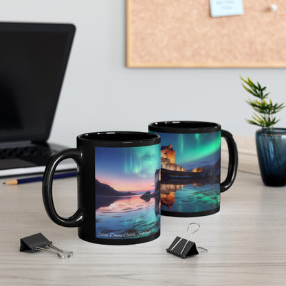 Eilean Donan Castle Northern Lights Mug, Coffee Cup, Tea Cup, Scottish Art, Scottish Landmarks, Scottish Nature, Black