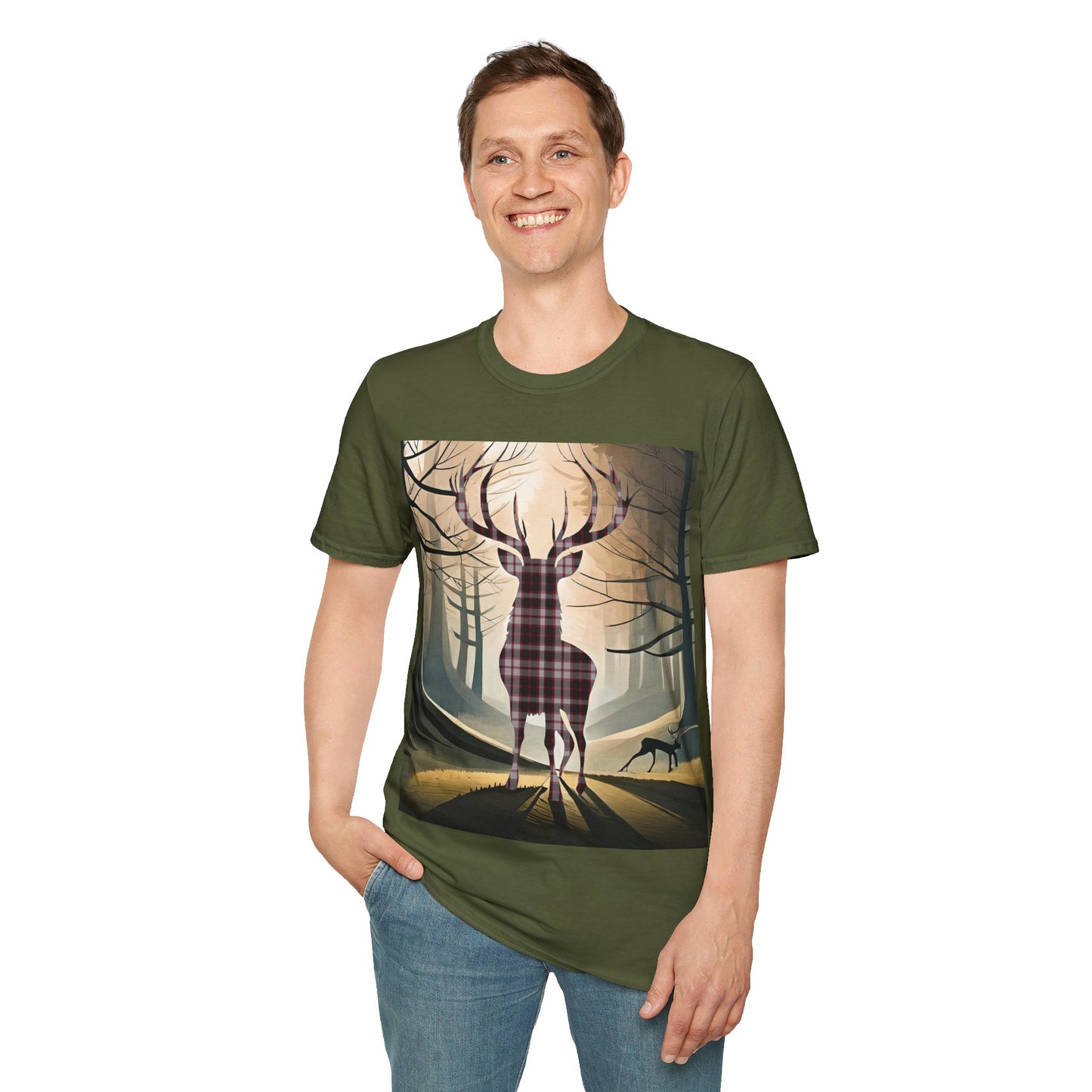 Stag Tartan Silhouette Softstyle T-Shirt - MacPherson Tartan, Unisex Tee, Scottish Scenery, Various Colours