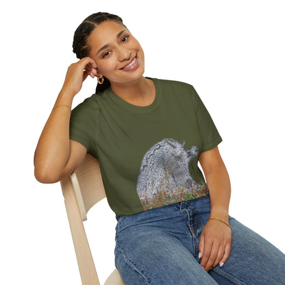 Scottish Kelpies with Meadow No Sky Photo Softstyle Unisex T-Shirt, Scotland Tee