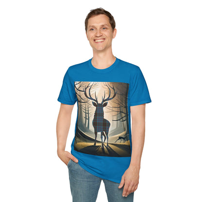 Stag Tartan Silhouette Softstyle T-Shirt - Anderson Tartan, Unisex Tee, Scottish Scenery, Various Colours