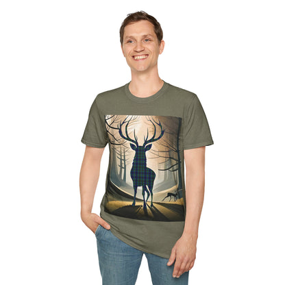 Stag Tartan Silhouette Softstyle T-Shirt - Miller Tartan, Unisex Tee, Scottish Scenery, Various Colours