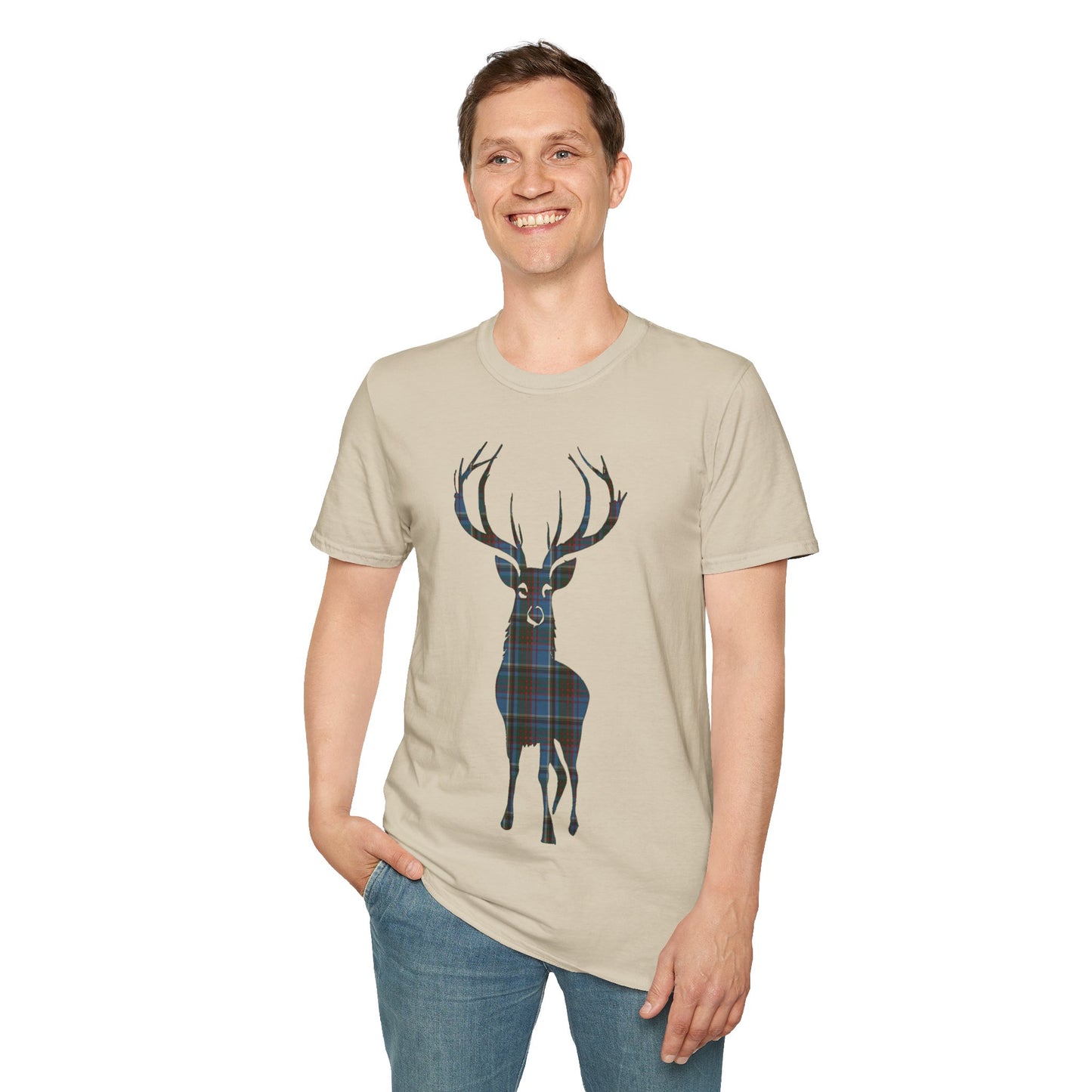 Tartan Stag Softstyle T-Shirt - Anderson Old Tartan, Unisex Tee, Scottish Scenery, Various Colours