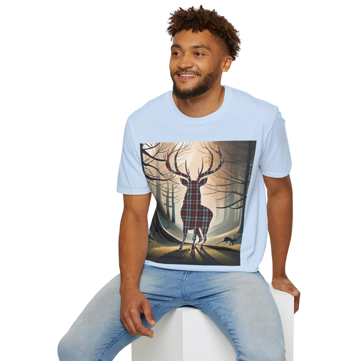 Stag Tartan Silhouette Softstyle T-Shirt - Stewart Tartan, Unisex Tee, Scottish Scenery, Various Colours