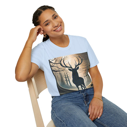 Stag Tartan Silhouette Softstyle T-Shirt - Gordon Tartan, Unisex Tee, Scottish Scenery, Various Colours