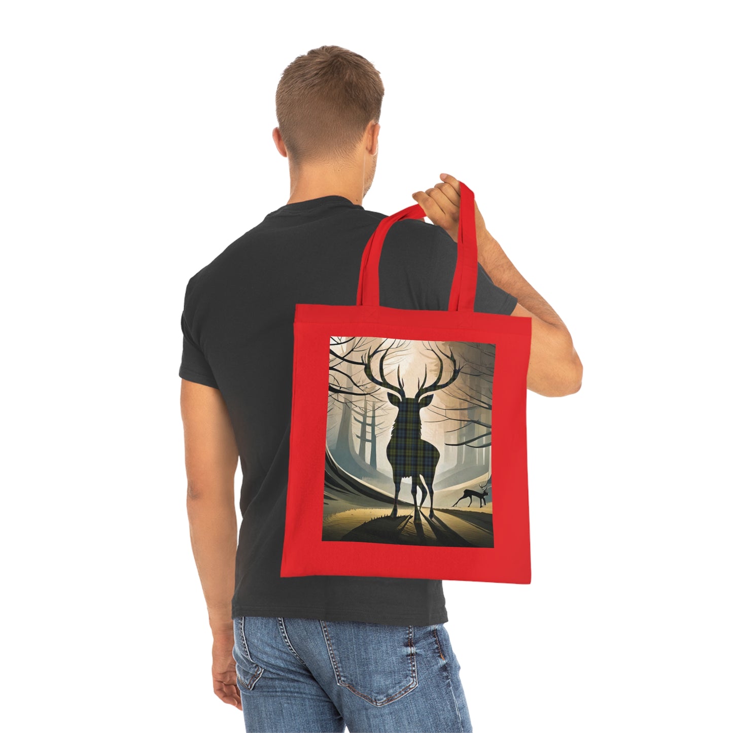 Reversible Scotland Tartan Stag Cotton Tote Bag - Campbell Tartan