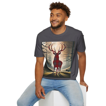 Stag Tartan Silhouette Softstyle T-Shirt - MacFarlane Tartan, Unisex Tee, Scottish Scenery, Various Colours