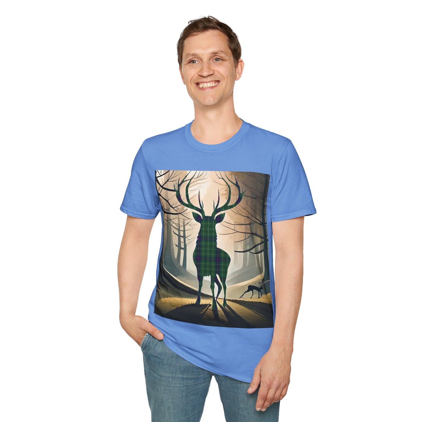 Stag Tartan Silhouette Softstyle T-Shirt - Duncan Tartan, Unisex Tee, Scottish Scenery, Various Colours