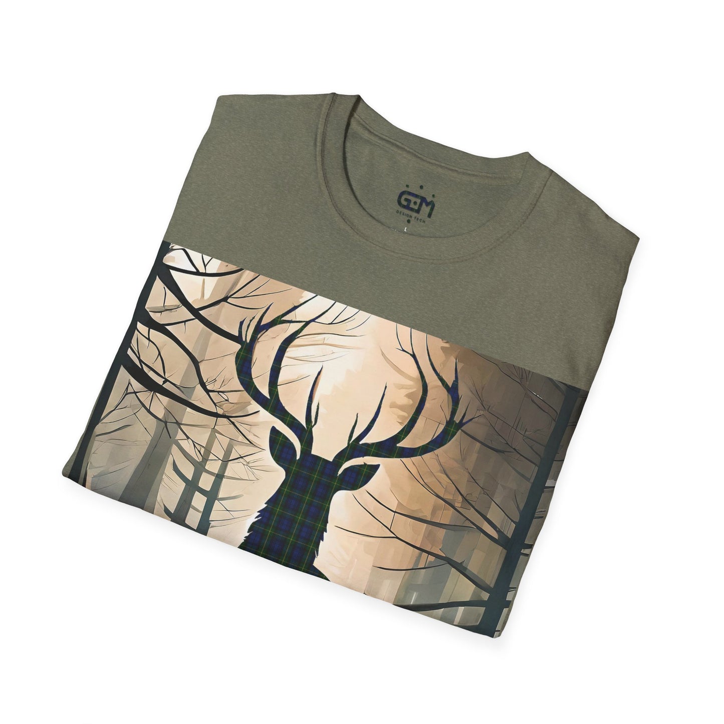 Stag Tartan Silhouette Softstyle T-Shirt - Gordon Tartan, Unisex Tee, Scottish Scenery, Various Colours