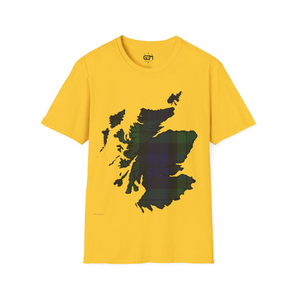 Scotland Tartan Map Softstyle Unisex T-Shirt, Black Watch Tartan, Various Colours