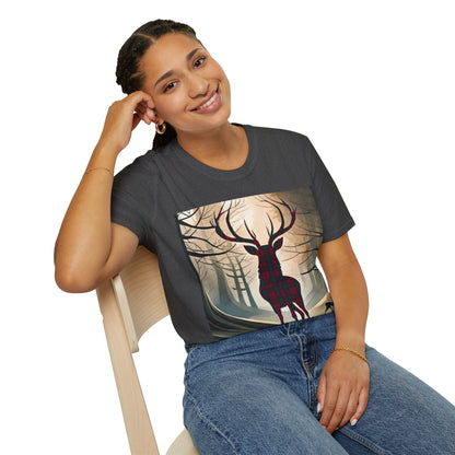 Stag Tartan Silhouette Softstyle T-Shirt - Lindsay Tartan, Unisex Tee, Scottish Scenery, Various Colours