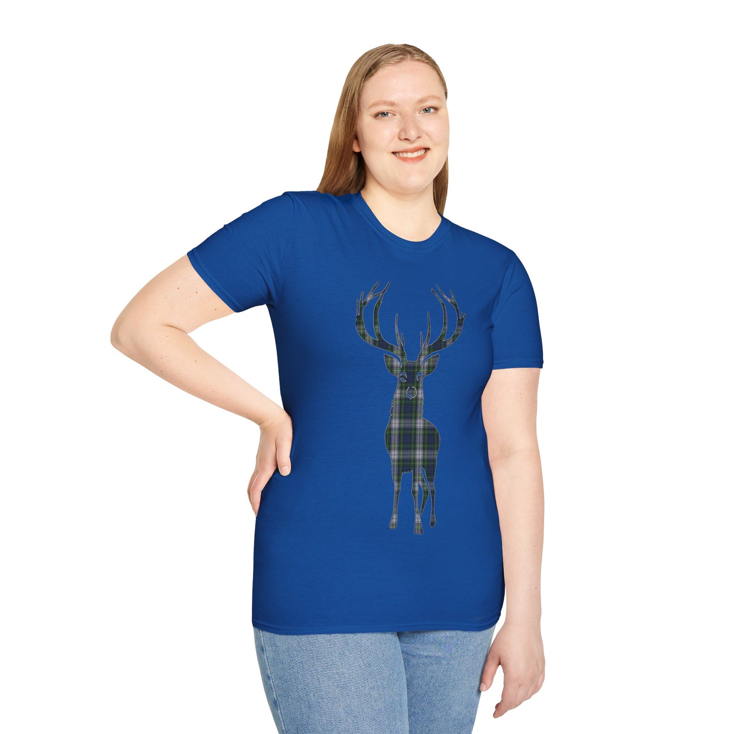 Tartan Stag Softstyle T-Shirt - Gordon Dress Tartan, Unisex Tee, Scottish Scenery, Various Colours