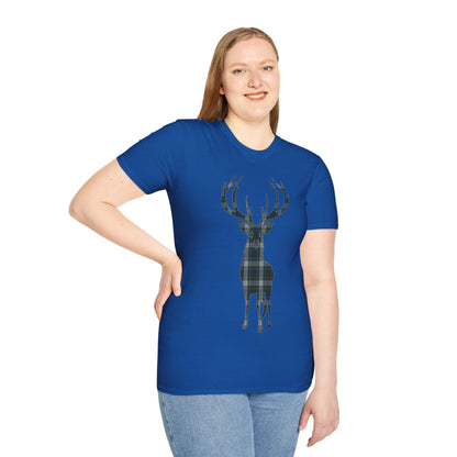 Tartan Stag Softstyle T-Shirt - Gordon Dress Tartan, Unisex Tee, Scottish Scenery, Various Colours