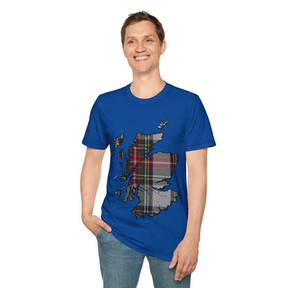 Scotland Tartan Map Softstyle Unisex T-Shirt, Stewart Dress Tartan, Various Colours