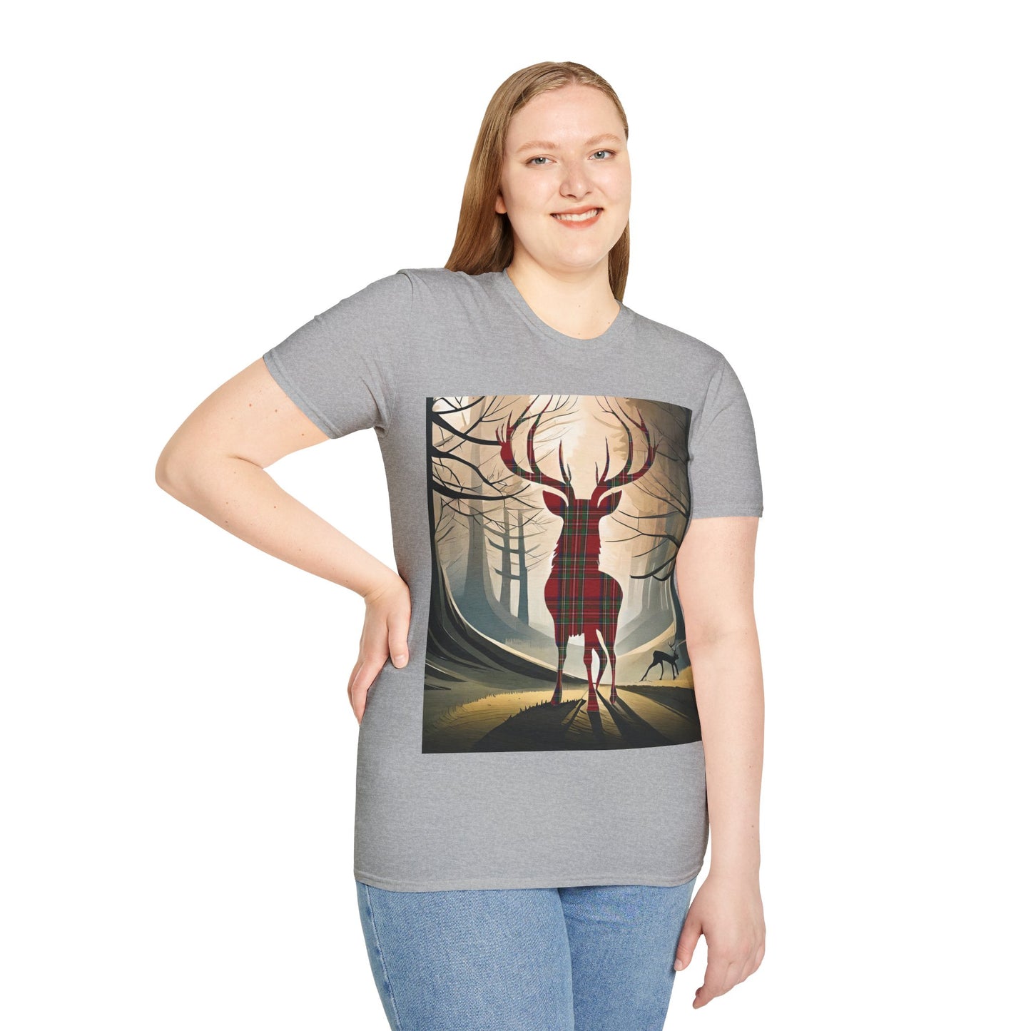 Stag Tartan Silhouette Softstyle T-Shirt - Stewart Royal Tartan, Unisex Tee, Scottish Scenery, Various Colours