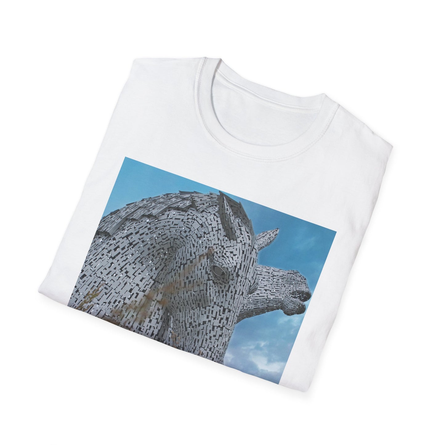 Scottish Kelpies with Meadow Photo Softstyle Unisex T-Shirt, Scotland Tee