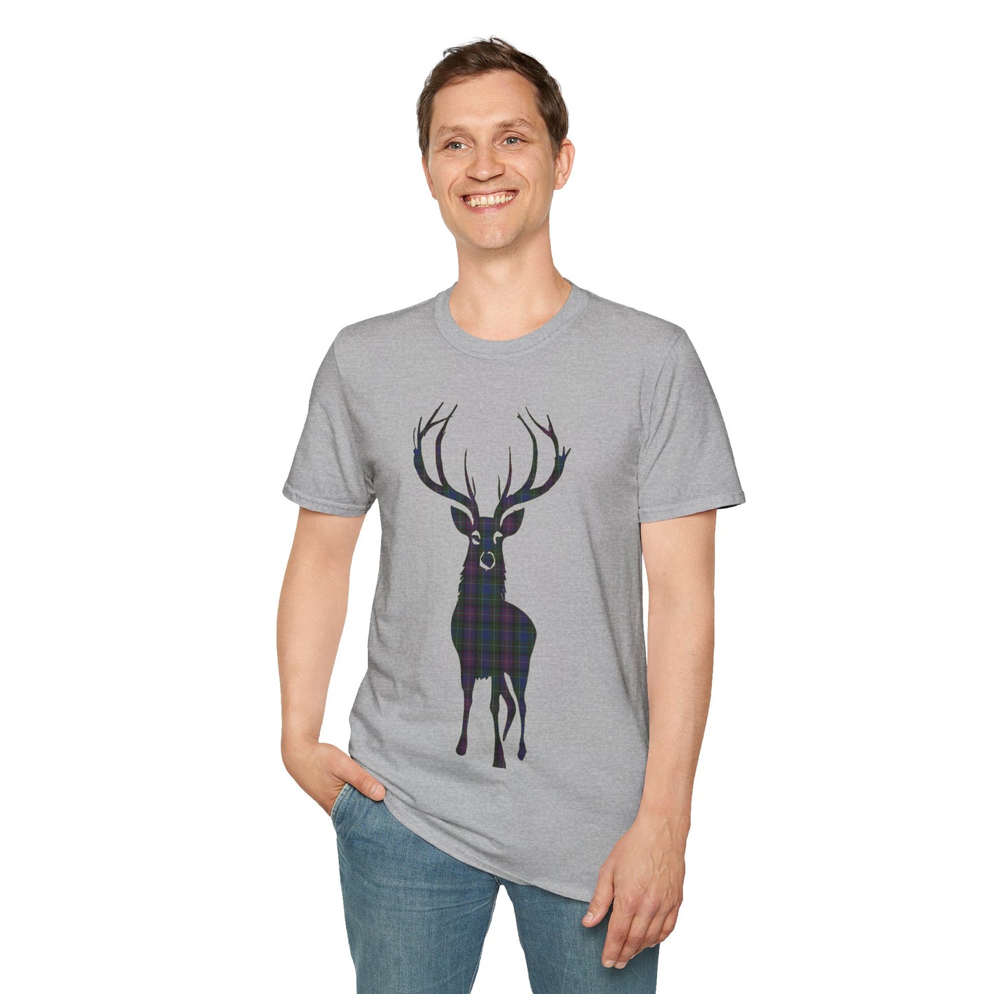 Tartan Stag Softstyle T-Shirt - Rankin Tartan, Unisex Tee, Scottish Scenery, Various Colours