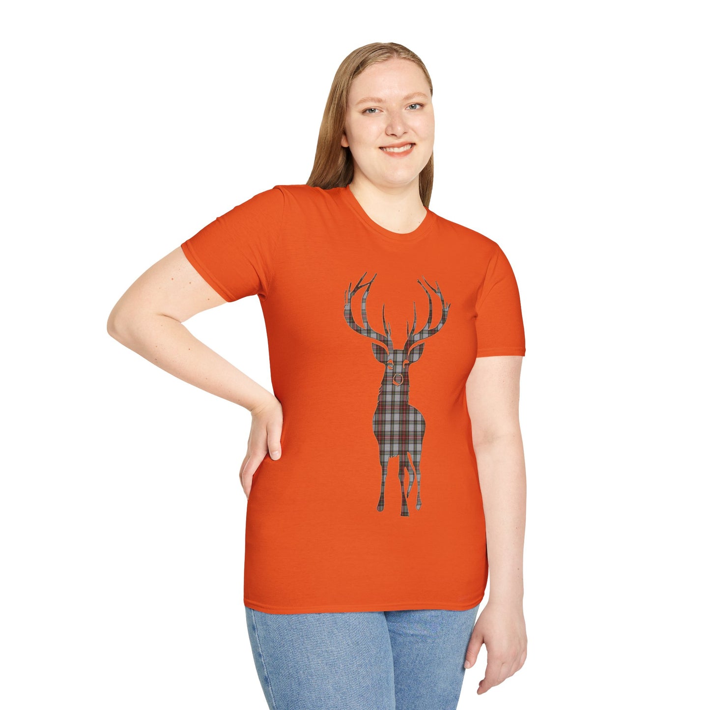 Tartan Stag Softstyle T-Shirt - Stewart Dress Tartan, Unisex Tee, Scottish Scenery, Various Colours