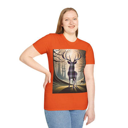 Stag Tartan Silhouette Softstyle T-Shirt - Argyle Dress Tartan, Unisex Tee, Scottish Scenery, Various Colours