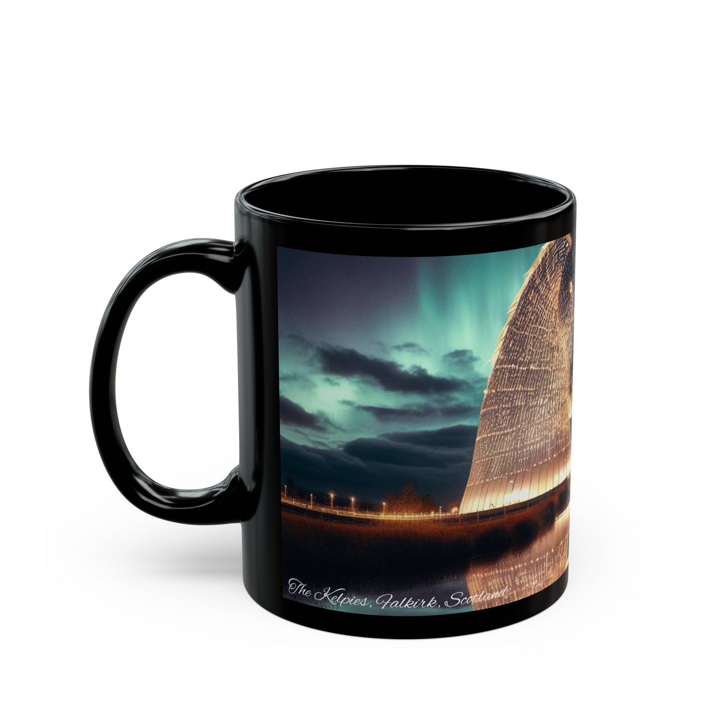 Kelpies Northern Lights Mug, Coffee Cup, Tea Cup, Scottish Art, Scottish Landmarks, Scottish Nature, Black