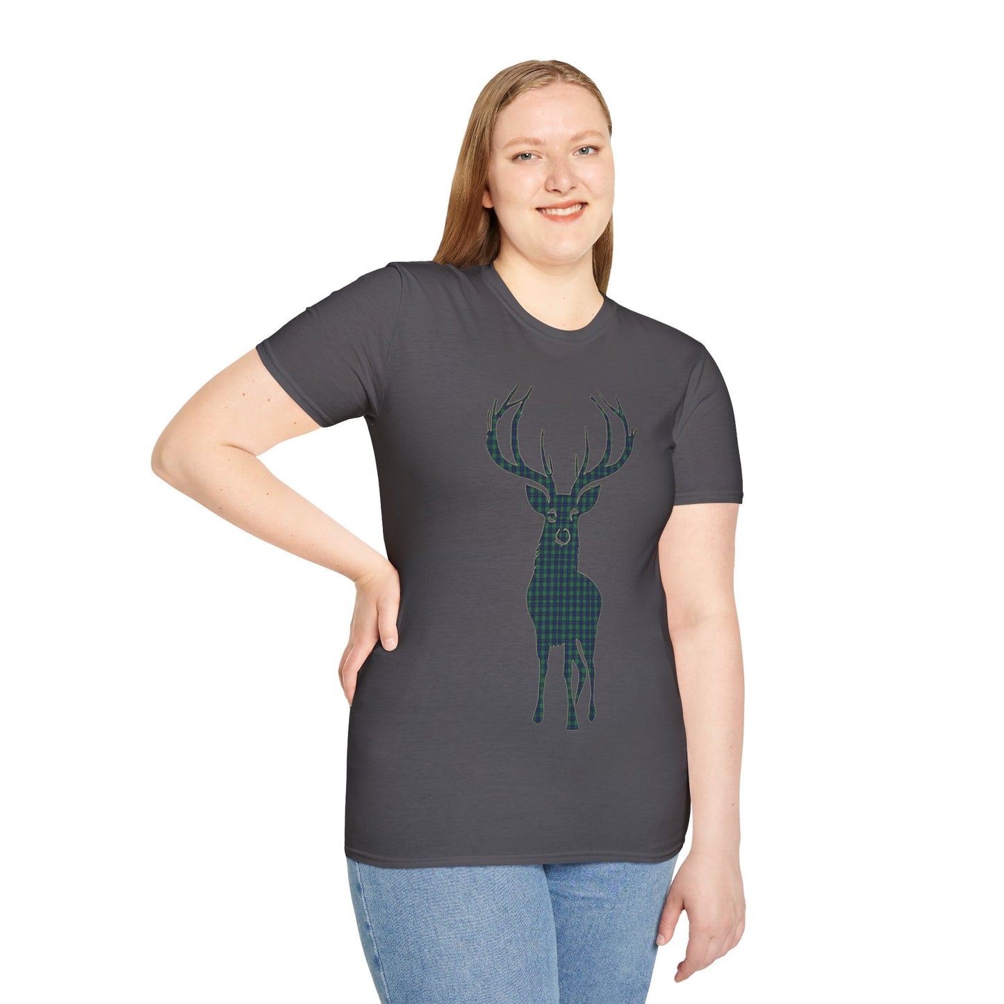 Tartan Stag Softstyle T-Shirt - Douglas Tartan, Unisex Tee, Scottish Scenery, Various Colours