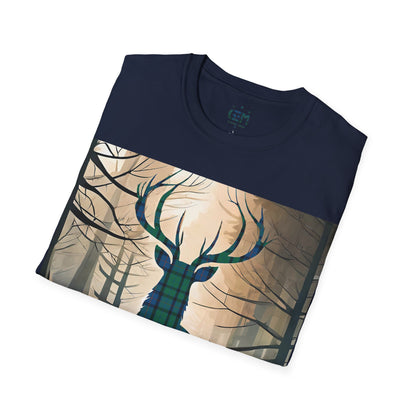 Stag Tartan Silhouette Softstyle T-Shirt - Flower of Scotland Tartan, Unisex Tee, Scottish Scenery, Various Colours