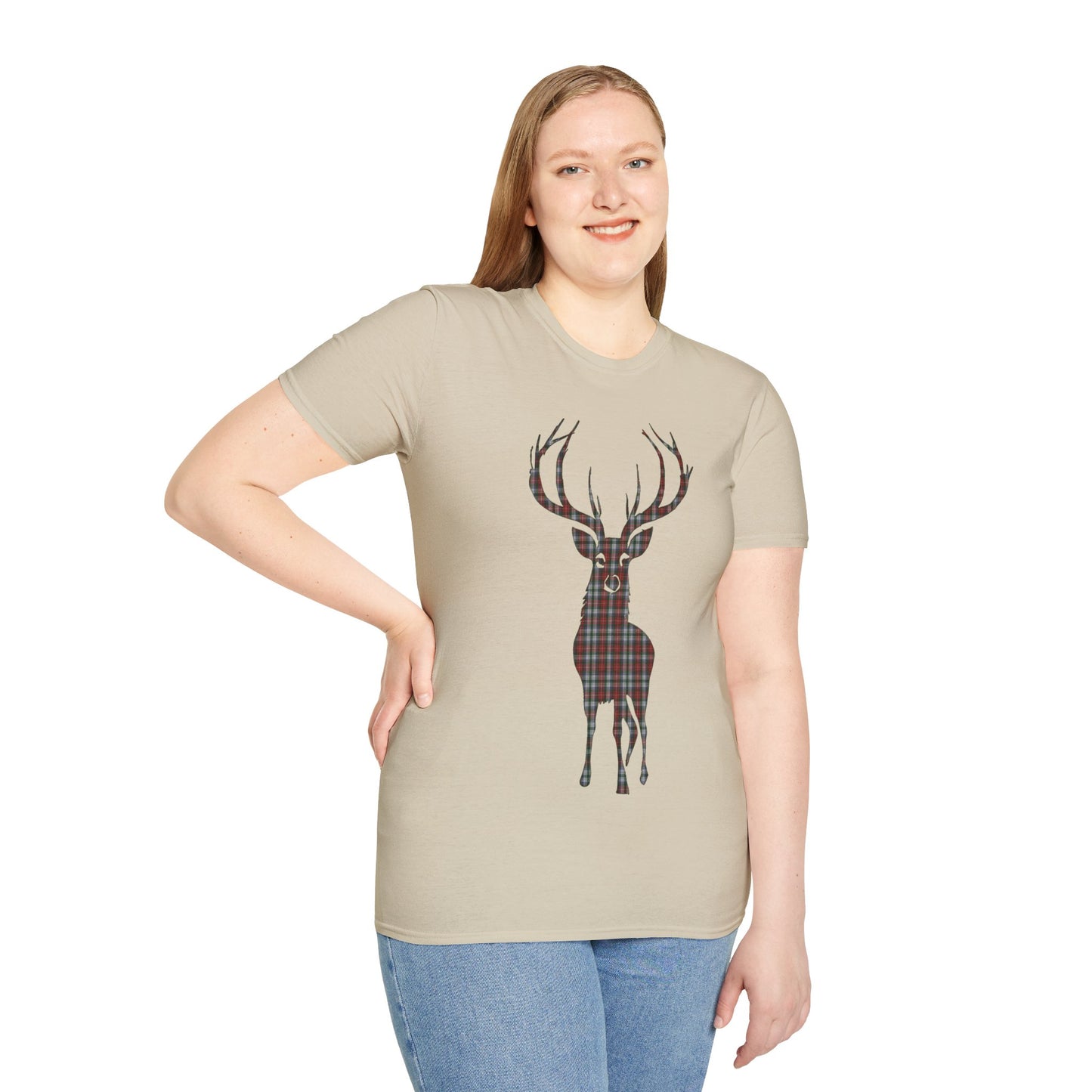 Tartan Stag Softstyle T-Shirt - Stewart Tartan, Unisex Tee, Scottish Scenery, Various Colours